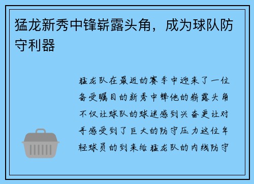 猛龙新秀中锋崭露头角，成为球队防守利器