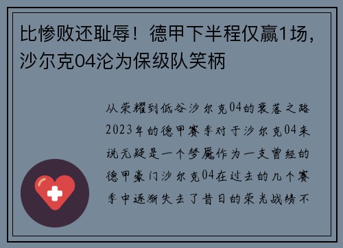 比惨败还耻辱！德甲下半程仅赢1场，沙尔克04沦为保级队笑柄