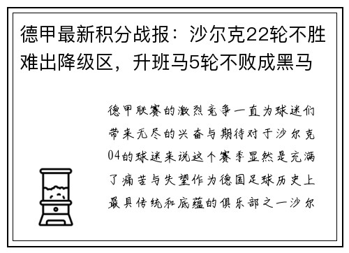 德甲最新积分战报：沙尔克22轮不胜难出降级区，升班马5轮不败成黑马