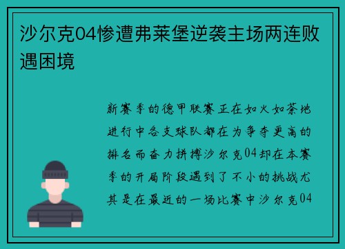 沙尔克04惨遭弗莱堡逆袭主场两连败遇困境